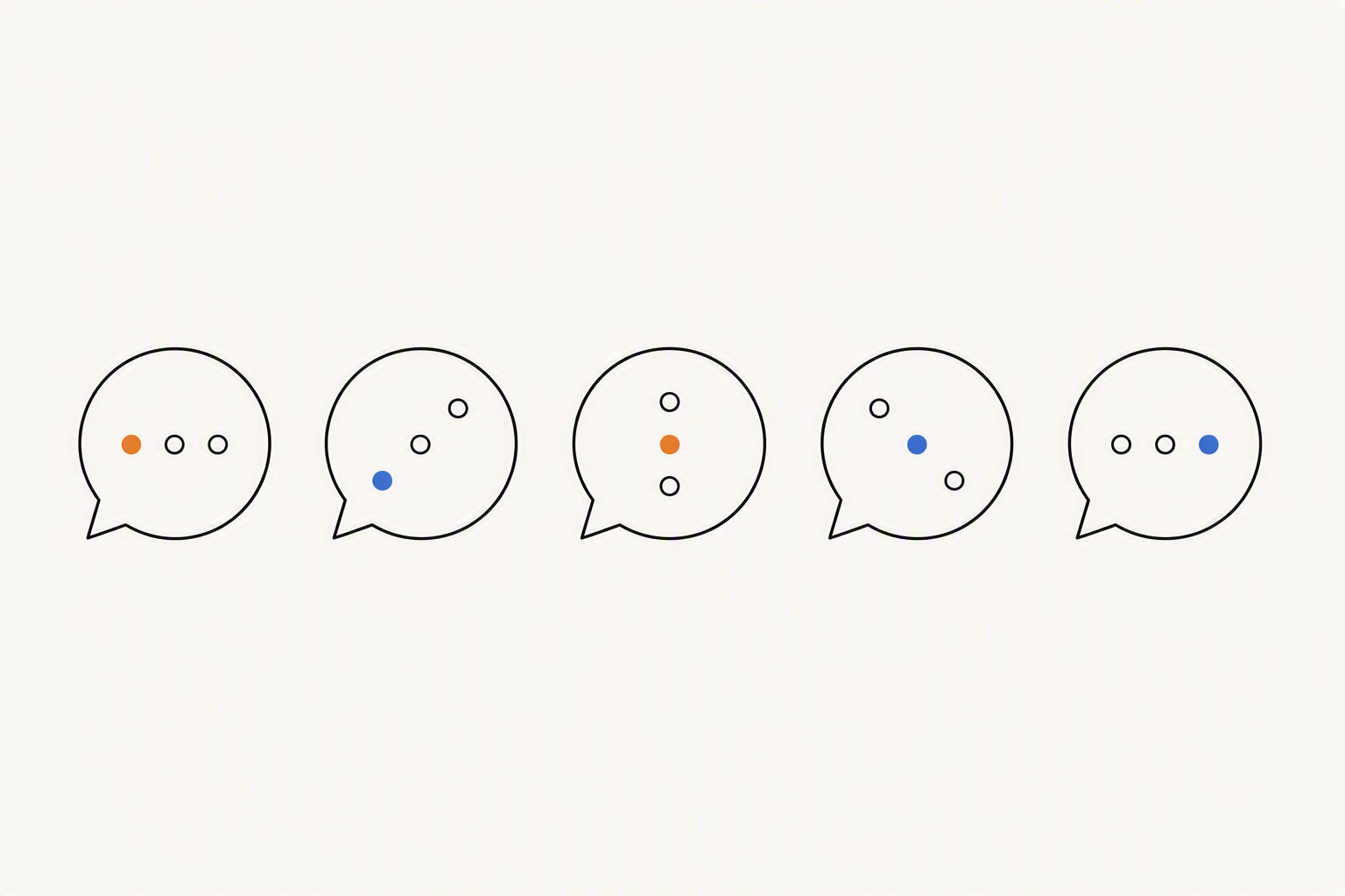 Five identical speech bubbles, each containing a different arrangement of dots — the same question returning a different answer each time