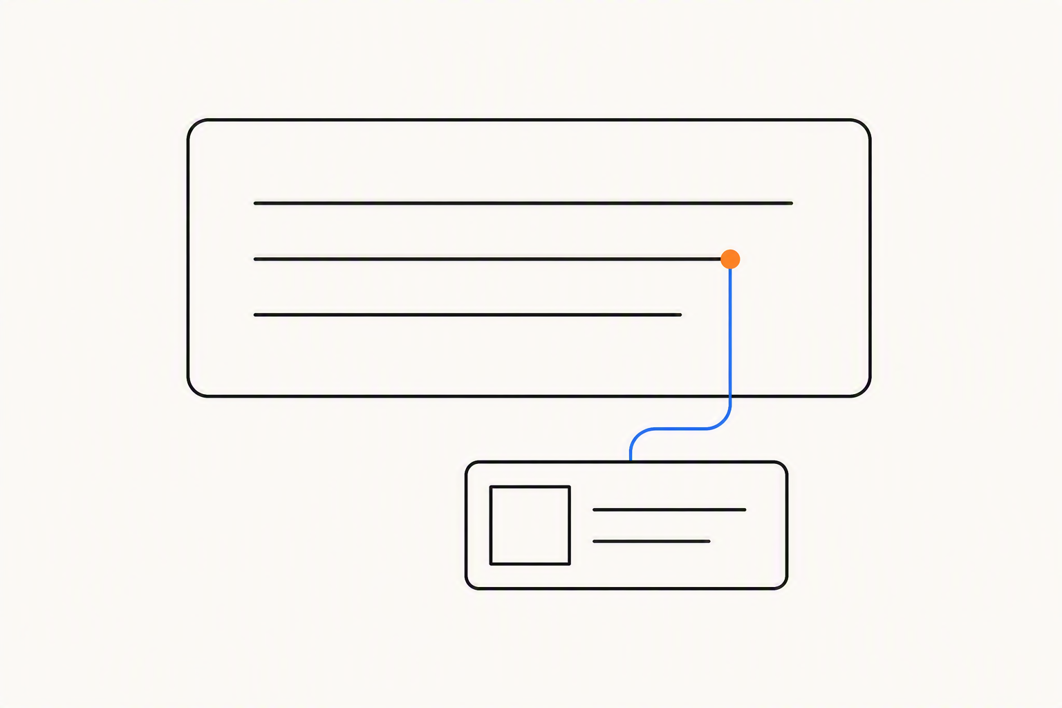 An outlined answer panel with a line connecting one highlighted phrase down to a cited source card below it