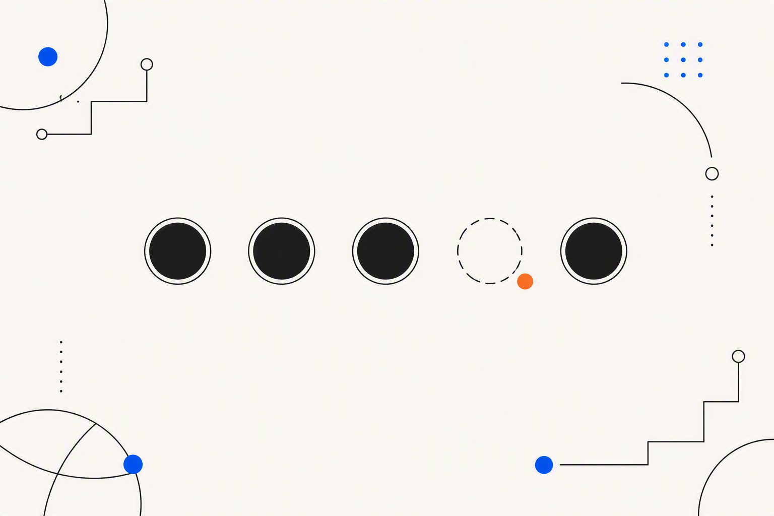 A row of five circles where four are filled and one is an empty dashed outline, showing a brand missing from an answer